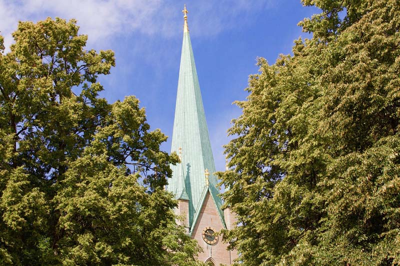 Domkyrkans höga torn i Linköping reser sig bakom gröna träd