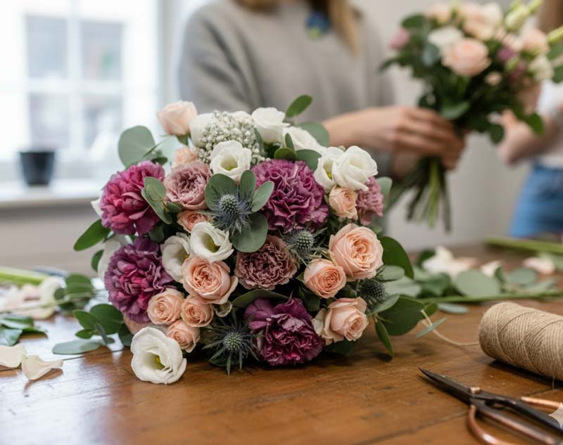 Blombukett på bord, exempelbild för florist hemsida