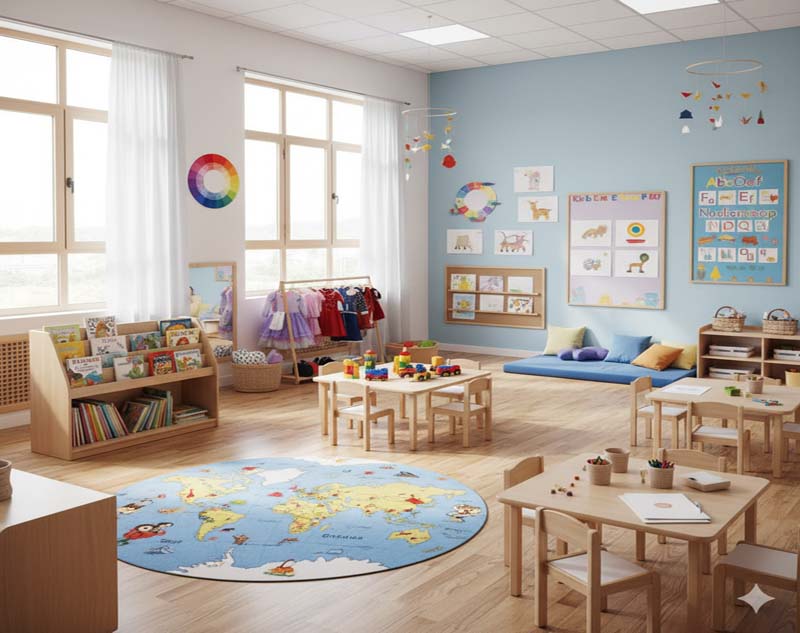 Ljust klassrum med leksaker och små bord, bild för förskola och pedagogisk verksamhet