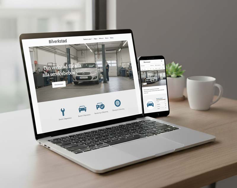 Bilverkstad hemsida med service och reparation, visad på laptop och mobil