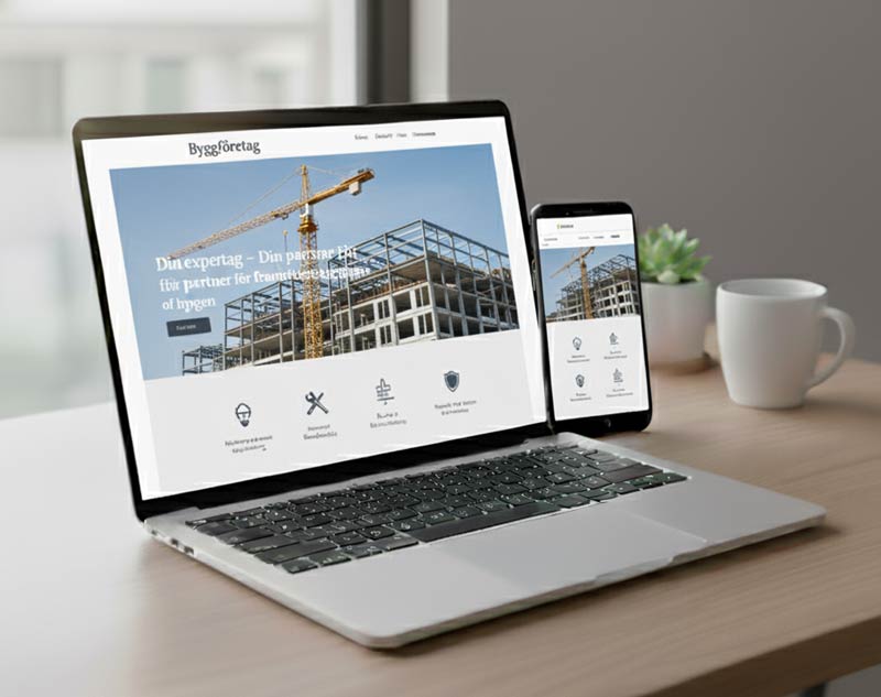 Modern hemsida för byggföretag med byggkran och stommar, visad på laptop och mobil