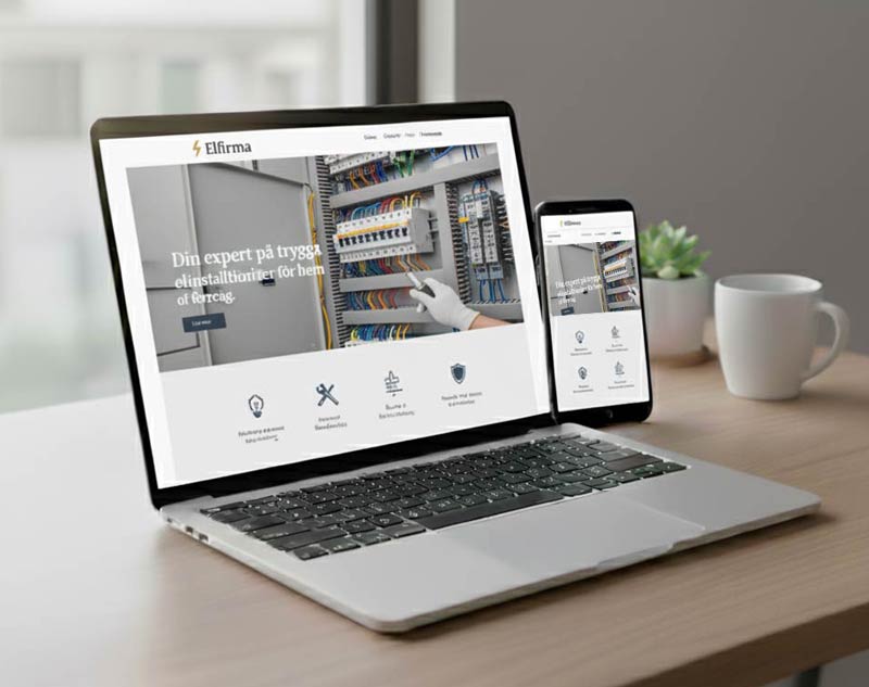 Hemsida för elektriker som visar elinstallationer på laptop och mobil