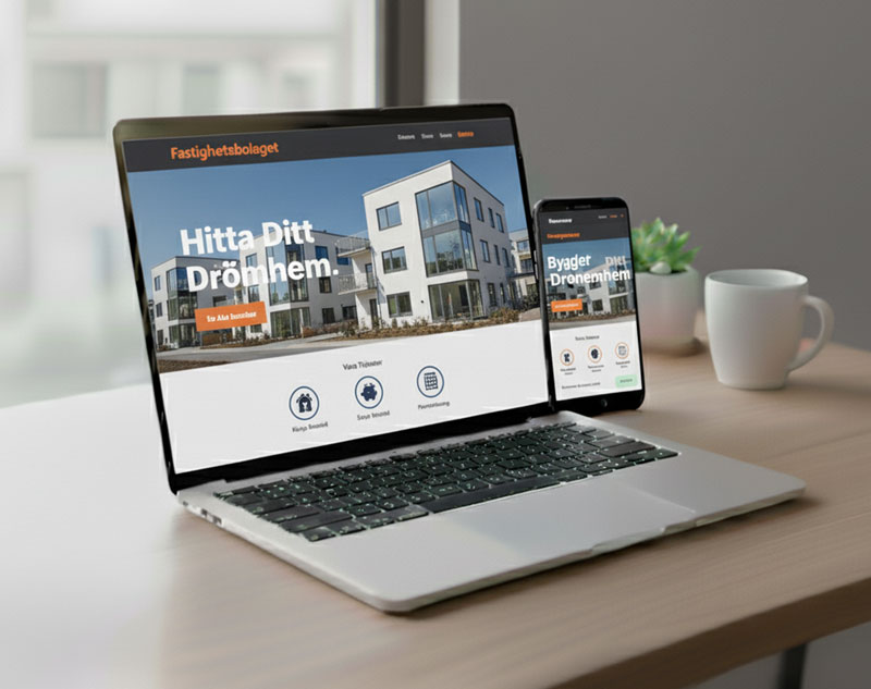 Fastighetsbolag webbsida som visar bostäder och projekt, i mobilanpassad layout på dator och telefon
