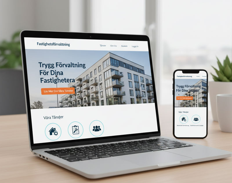 Fastighetsförvaltning webbplats med modern struktur och tydliga tjänster, på laptop och mobilskärm