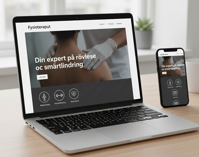 Fysioterapeut hemsida med behandling av rygg och axlar, visad på laptop och mobil