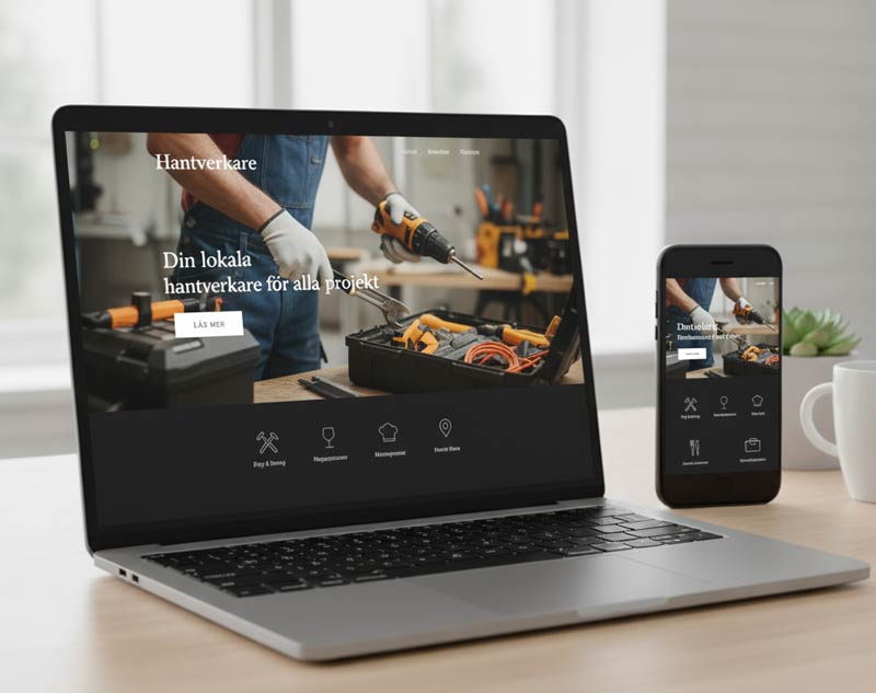 Hemsida för hantverkare med verktyg och arbete, visad på laptop och mobil