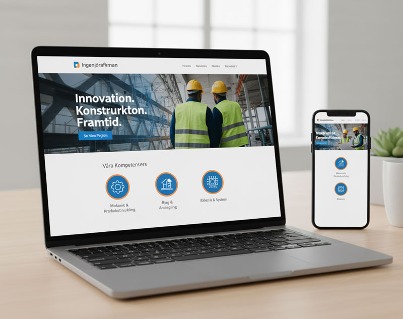 Konsult webbsida med professionell design och tydliga tjänster, på laptop och mobilskärm