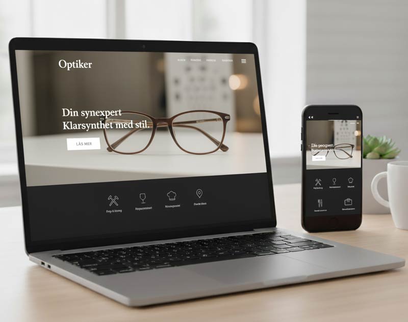 Optiker hemsida med glasögon och synhjälpmedel, visad på laptop och mobil