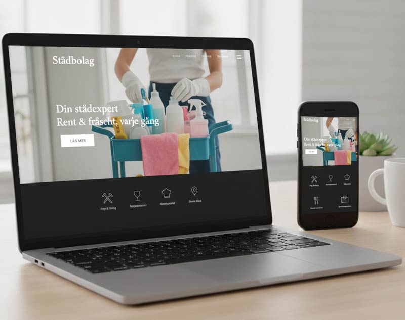 Städföretag hemsida med rengöringsutrustning, visad på laptop och mobil