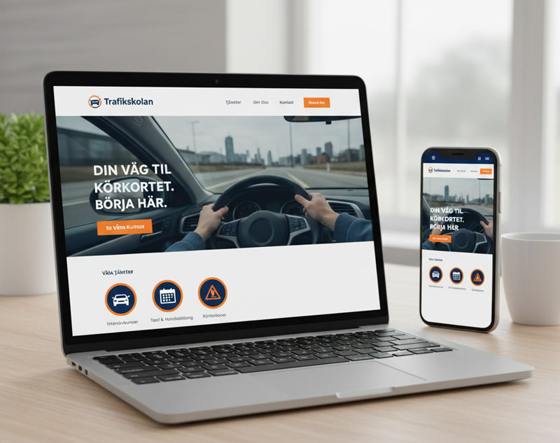 Trafikskola företagssajt som presenterar körlektioner och priser, i mobilanpassad layout på laptop och telefon