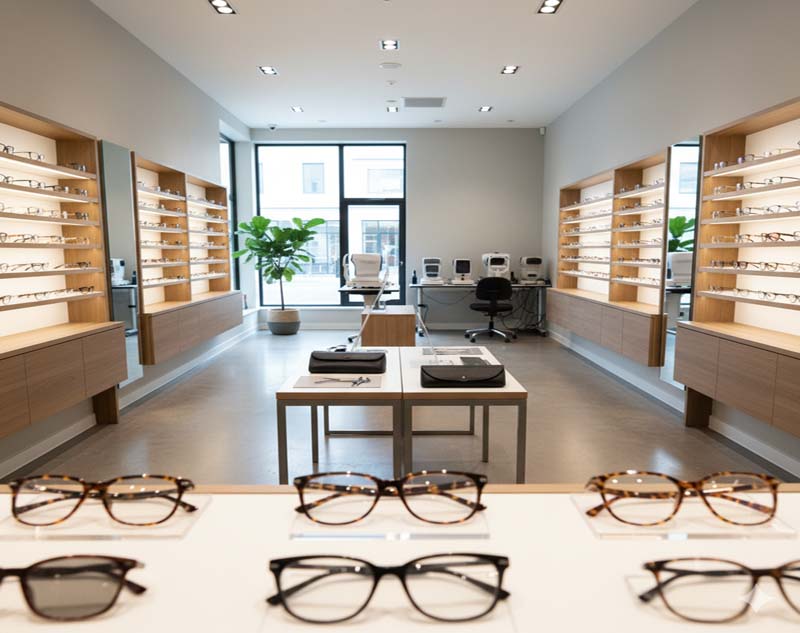 Butik med glasögon på hyllor, exempelbild för optiker hemsida