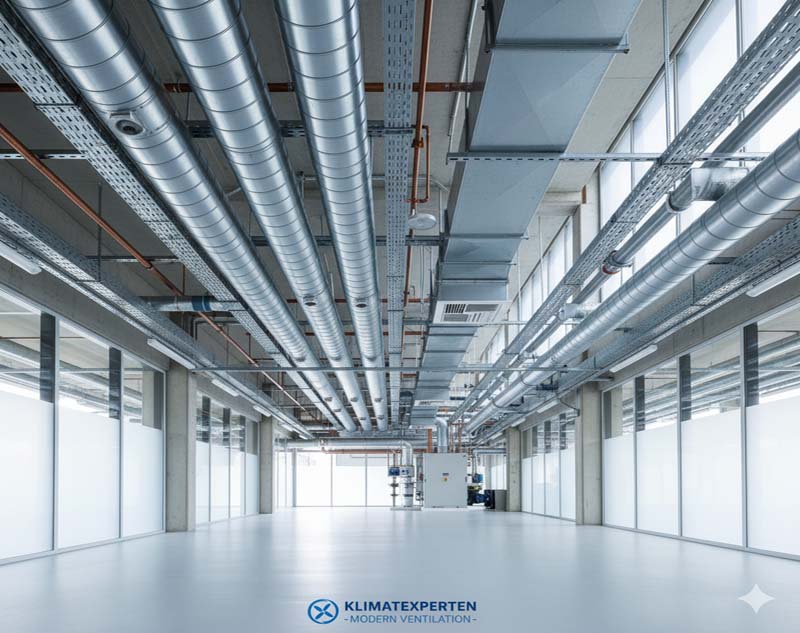 Ventilationssystem i modern industrilokal, illustration för ventilation och klimatanläggning online
