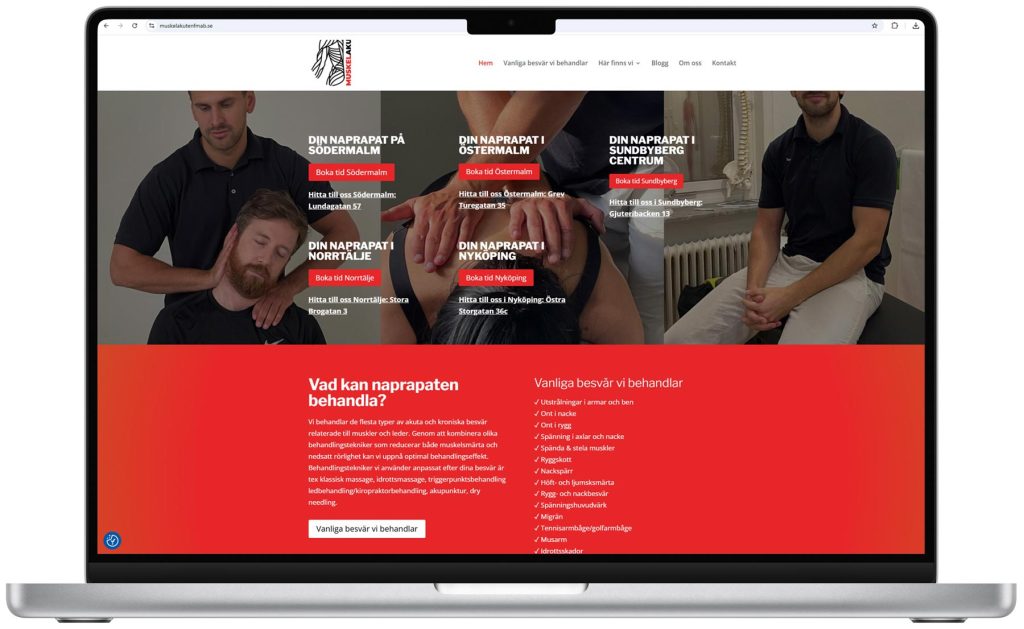 Laptop som visar Muskelakutens webbplats med naprapat som behandlar patient och information om kliniker.