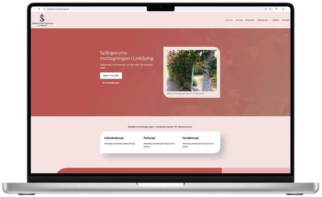 Laptop som visar Spångerumsmottagningens webbplats i Linköping med entré genom rosenportal.