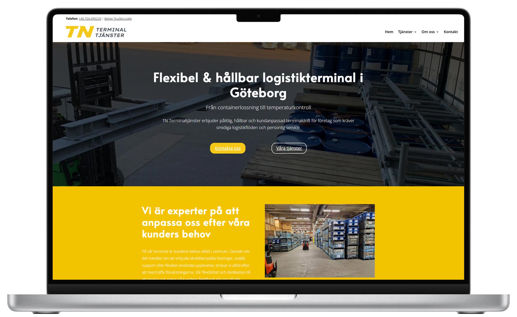Laptop som visar TN Terminaltjänsters webbplats med lager och logistikutrustning.